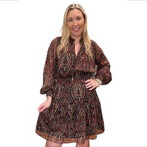 Esqualo chiffon shift dress smocked animal print black orange tiered tie neck 4